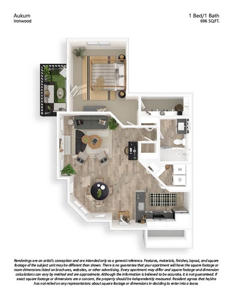 Floor plan for 1 bed, 1 bath, 696 sqft